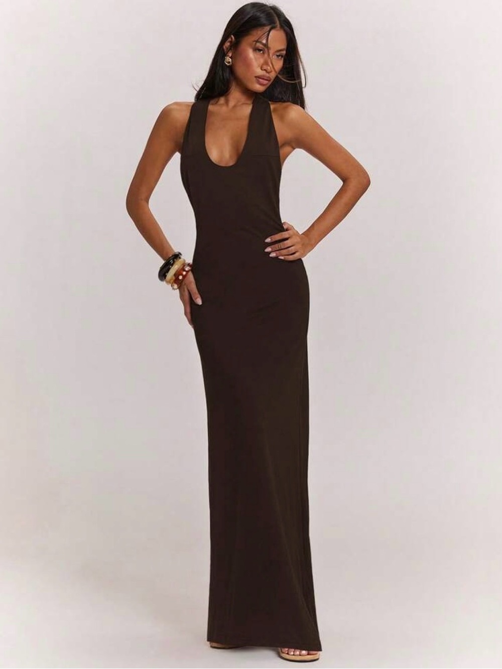 Sleeveless Scoop Neck Maxi Dress - Brown